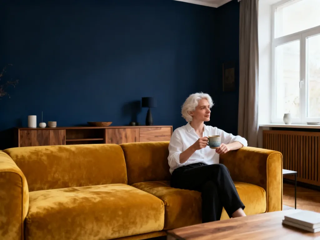Stylowy salon z granatową ścianą akcentową, musztardową sofą i osobą z kubkiem, ukazujący przytulne połączenie kolorów.