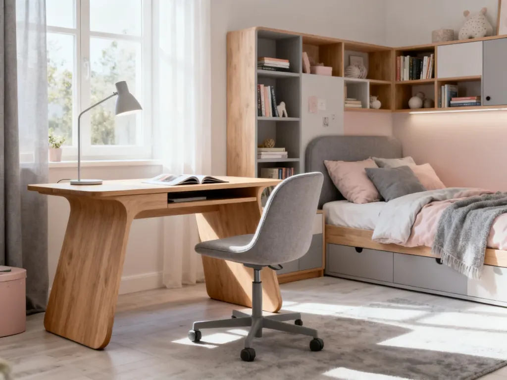 Nowoczesny pokój młodzieżowy z ergonomicznym biurkiem, wygodnym łóżkiem i uporządkowanymi regałami w jasnej kolorystyce.