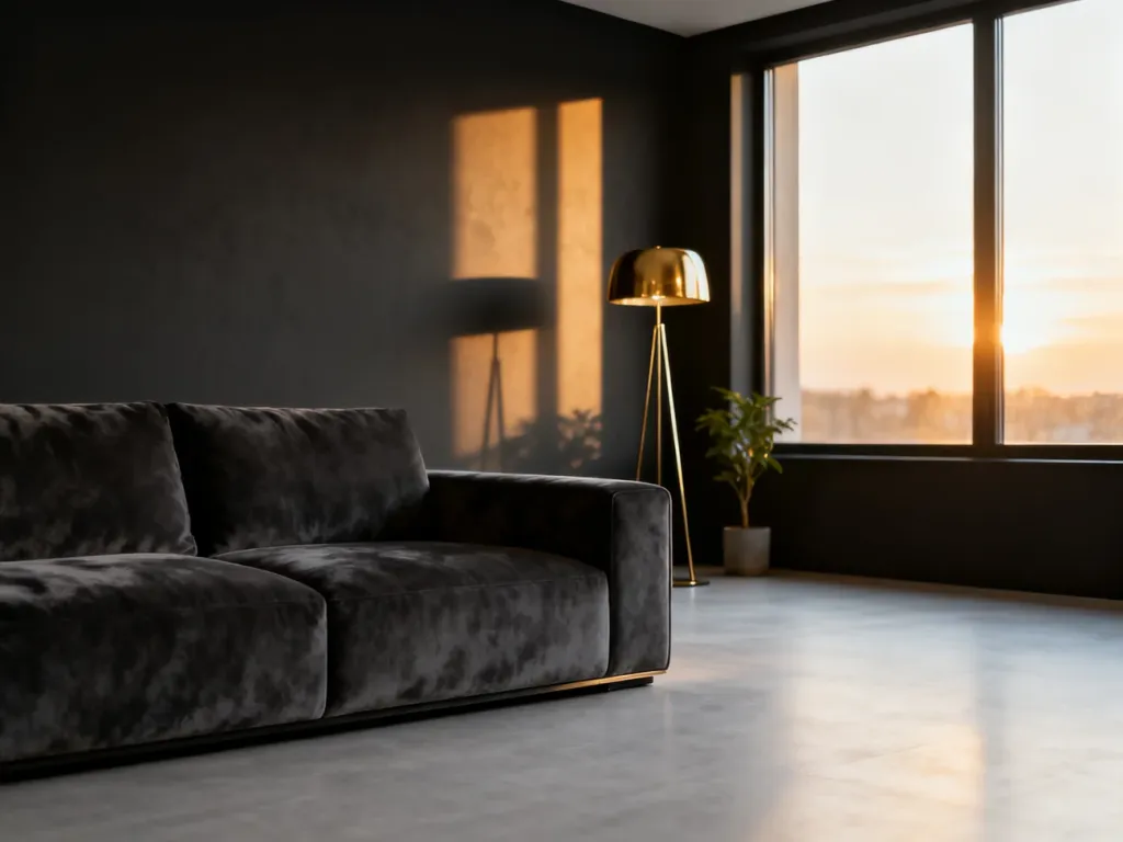 Nowoczesny salon z antracytową ścianą akcentową i welurową sofą w tym samym odcieniu, oświetlony ciepłym światłem zachodzącego słońca.