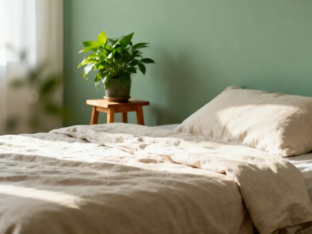 Sypialnia urządzona zgodnie z zasadami feng shui w kojących odcieniach szałwiowej zieleni i naturalnego drewna.