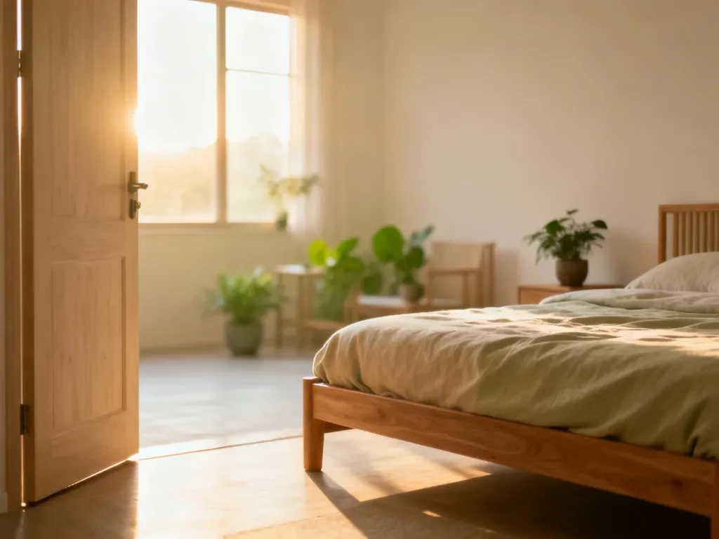 Sypialnia urządzona zgodnie z zasadami feng shui z łóżkiem ustawionym w harmonijnej pozycji względem drzwi.