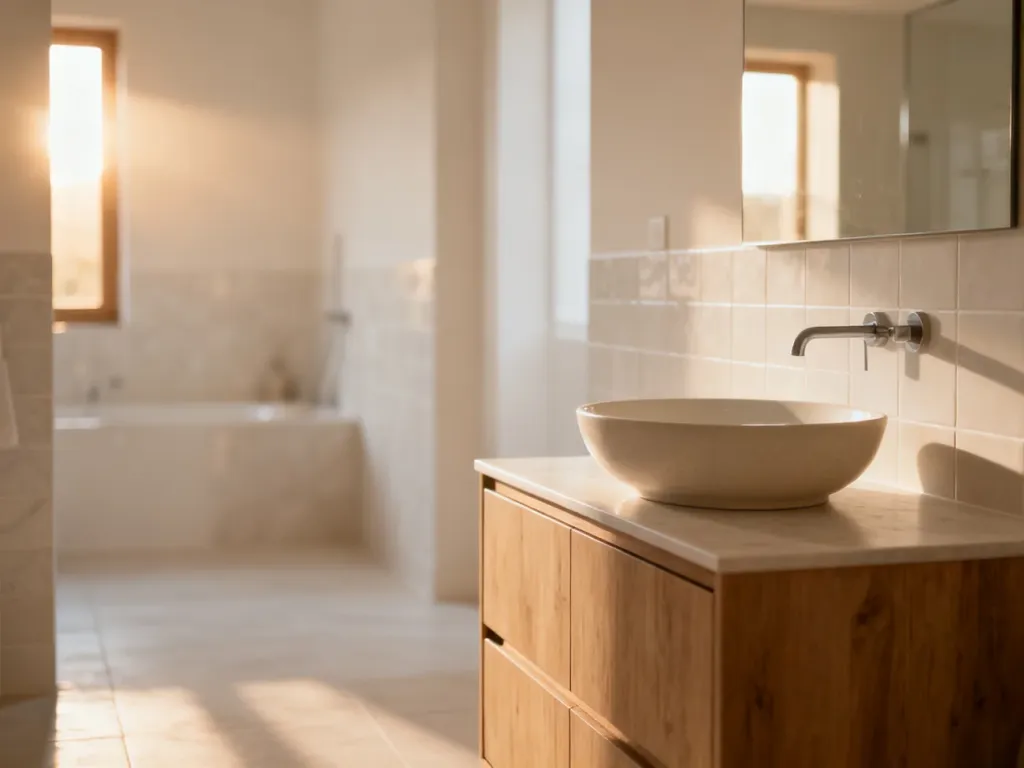 Nowoczesna łazienka z drewnianą szafką podumywalkową i ceramiczną umywalką w minimalistycznym stylu.