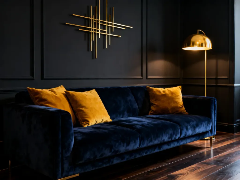 Elegancki salon z granatową sofą, musztardowymi poduszkami i ciemnymi ścianami oświetlonymi ciepłym, nastrojowym światłem.