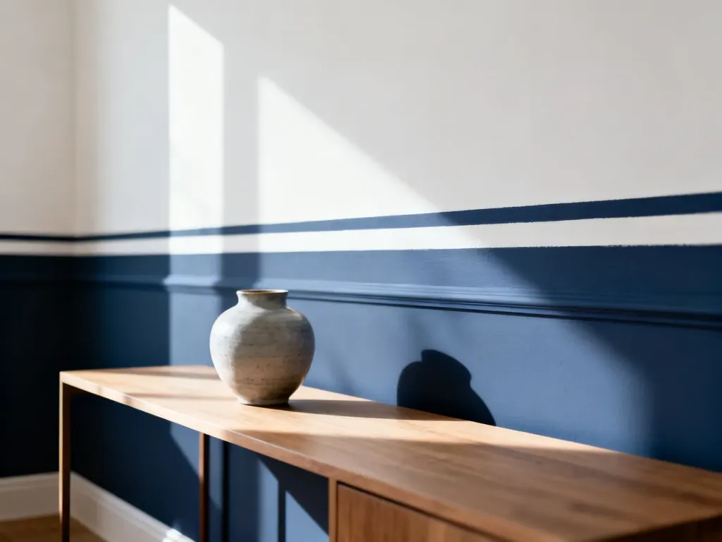 Nowoczesny salon z eleganckimi, granatowo-białymi pasami na ścianie oraz minimalistyczną drewnianą konsolą.
