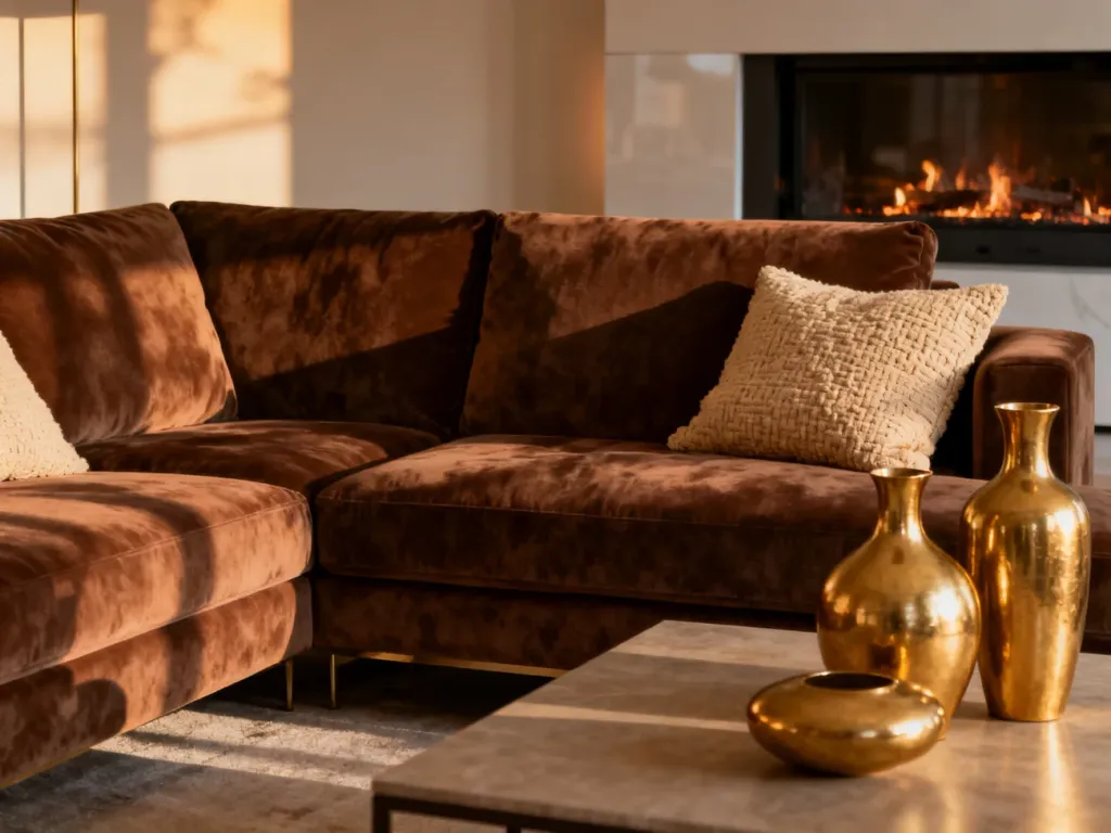 Stylowy salon z brązową welurową sofą, złotymi dodatkami i przytulnym kominkiem, utrzymany w ciepłej, eleganckiej kolorystyce.