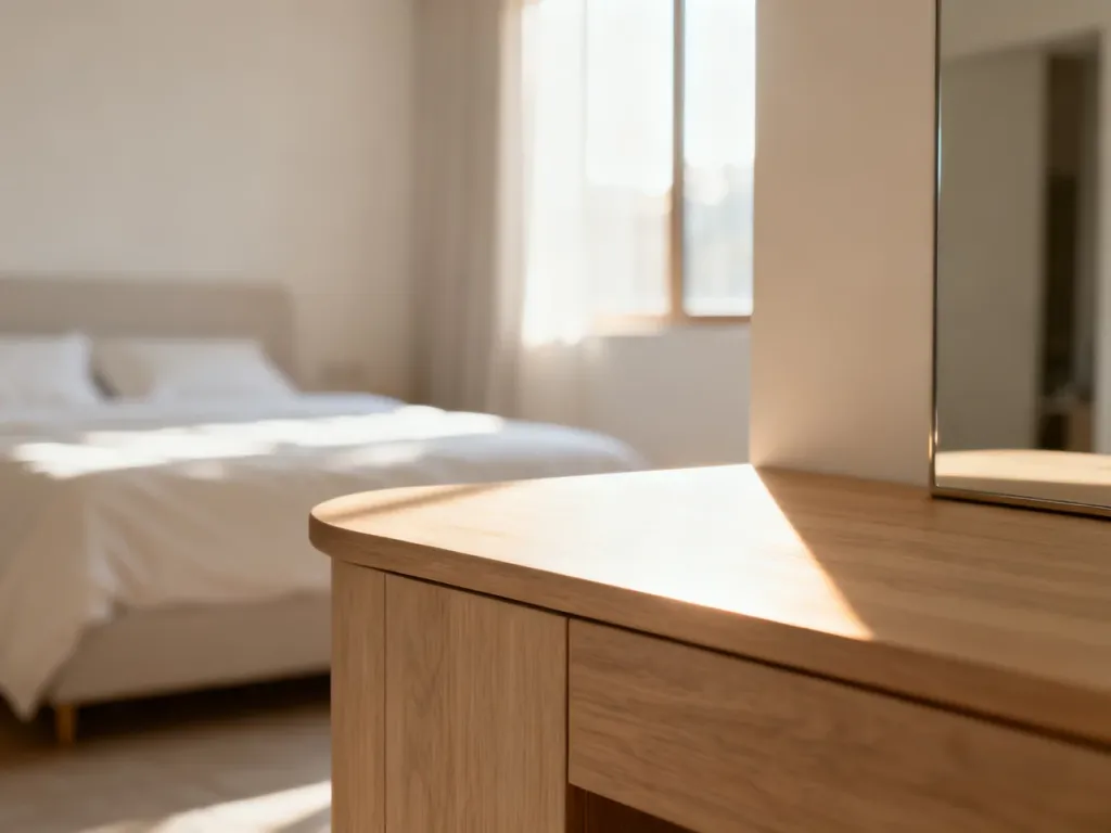 Nowoczesna toaletka o minimalistycznym designie, ustawiona na ergonomicznej wysokości w jasnej, przytulnej sypialni.