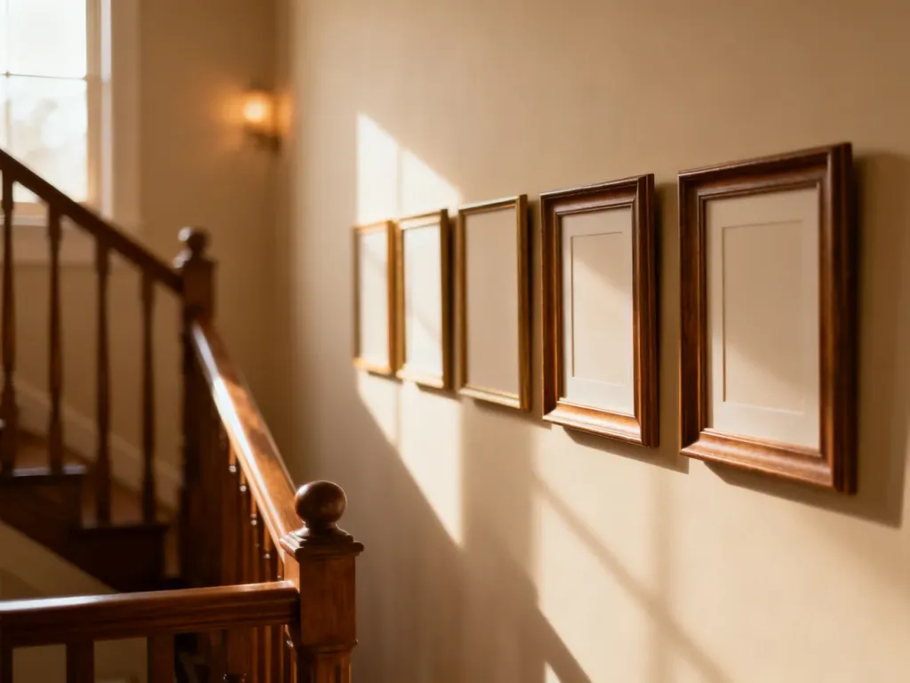 Elegancka galeria pustych drewnianych ramek na beżowej ścianie klatki schodowej w nowoczesnym, przytulnym stylu.