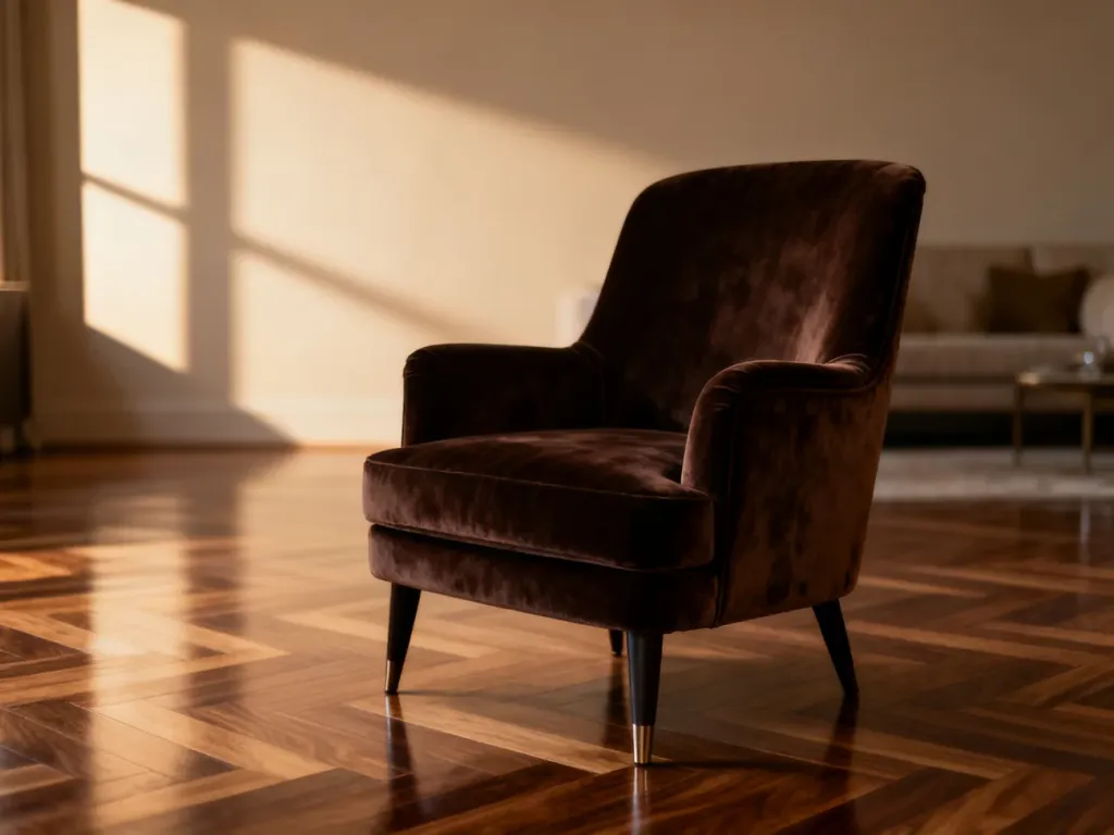 Elegancki ciemnobrązowy fotel z weluru na drewnianej podłodze w jodełkę, tworzący przytulną atmosferę w salonie.