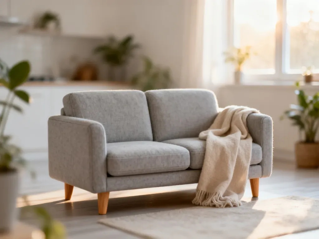 Jasnoszara, dwuosobowa sofa na drewnianych nóżkach w przytulnym, niewielkim salonie z naturalnym światłem.