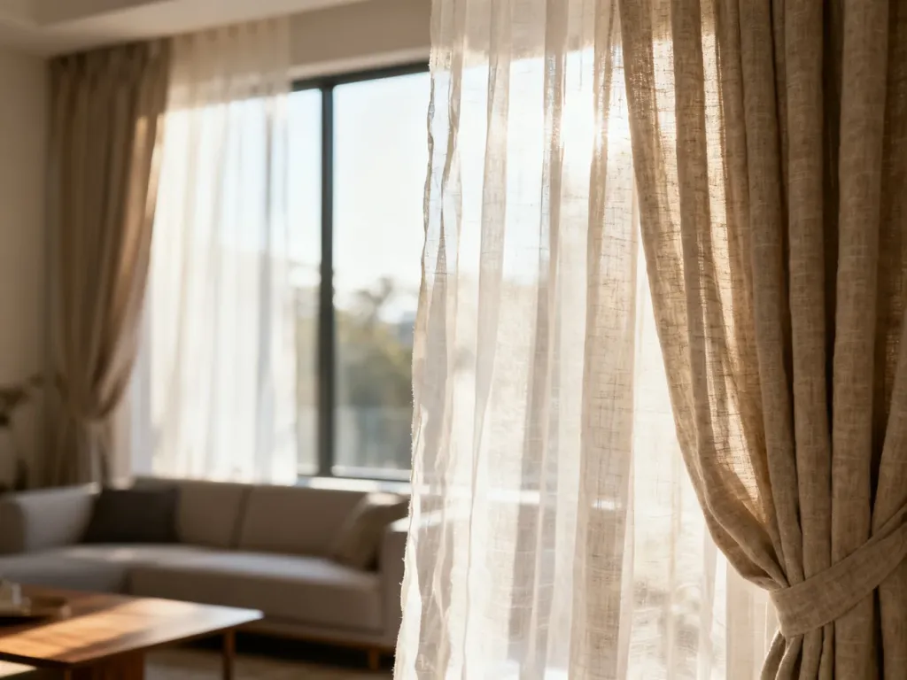 Eleganckie, warstwowe zasłony i delikatne firanki w słonecznym salonie, tworzące przytulną i nowoczesną aranżację okna.