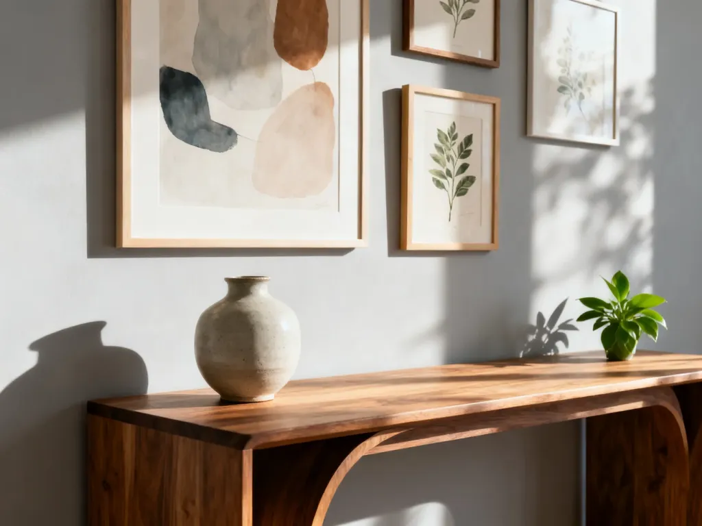 Minimalistyczna galeria ścienna z abstrakcyjnymi grafikami i roślinnymi ilustracjami nad drewnianą konsolą w salonie.